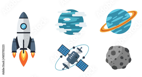 Colorful flat design vector icons of space elements rocket, planet, satellite, and asteroid