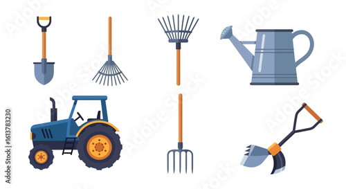 Flat vector icon set of farming tools with shovel, rake, watering can, and blue tractor