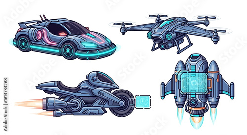 Futuristic transport icons set with a cyber car, flying drone, space motorcycle, and jetpack