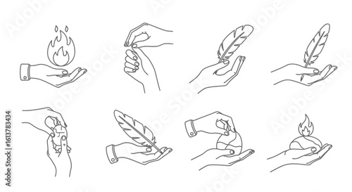 Minimalist line art icons of hands holding symbolic objects like a flame, feather, and stone.