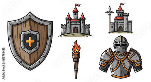 Medieval Icons Shield, Castle, Torch, Armor, and Weapons Vector Illustrations