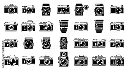 A collection of monochrome vector icons featuring vintage and retro photo cameras with lenses