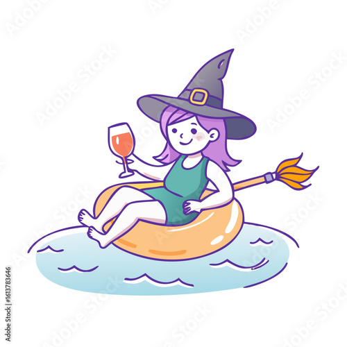 Vector art of a cartoon witch is relaxing in a pool isolated on white background