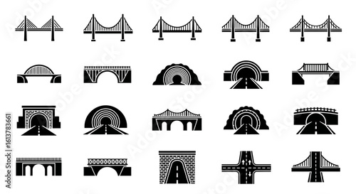 Monochrome vector icon set of transport infrastructure, including bridges, tunnels, and roadways.