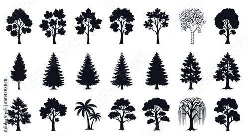 Diverse Silhouette Tree Collection Icon Set of Forest Trees in Various Styles