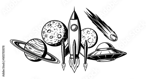 Monochrome space exploration scene with a rocket, planets, comet, and a flying saucer