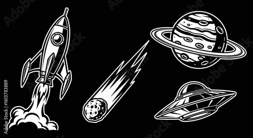 Monochrome space icons set with launching rocket, ringed planet, comet, and UFO