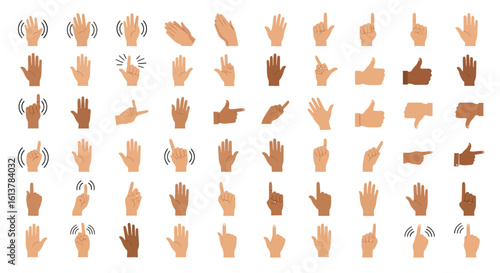 Diverse Hand Gestures Vector Icon Set Skin Tones, Flat Design, and Communication Symbols