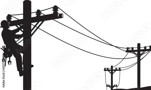 Lineman working on utility pole with wires and tools, lineman, electrician, utility pole, power line, worker, climbing, working, electricity, high voltage, transmission, infrastructure, repair, mainte