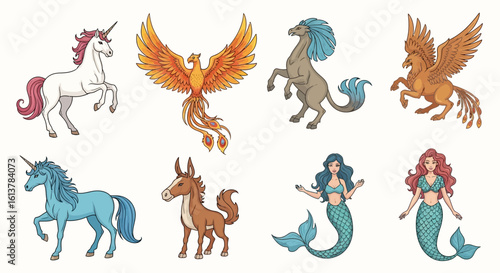 Vector illustration set of legendary fantasy creatures including unicorn, phoenix, and mermaid.