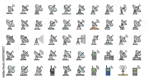 Vector icon collection of satellite dishes, antennas, and radio communication technology