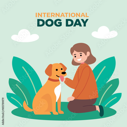 Smiling young lady pets her golden dog amidst greenery with International Dog Day text