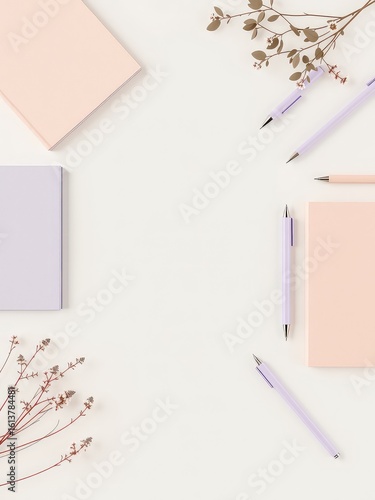 Pastel colored notebooks and pens with botanical elements on a clean white desk surface, perfect for creative work and organization.