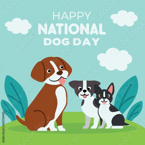 Three happy cartoon dogs sit together on the green grass happily celebrating pet's day