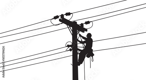 Lineman silhouette working on power lines against white background, lineman, electrician, power lines, electricity, utility worker, climbing, pole, high voltage, safety helmet, work, repair, maintenan