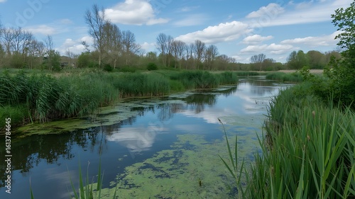 Calm Waterway Lined With Green Reeds Under Blue Sky