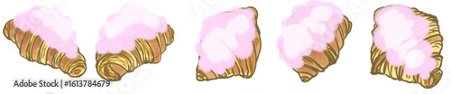 Cute Croissant with Pink Whipped Cream Topping in Hand-Drawn Pastel Style Illustration