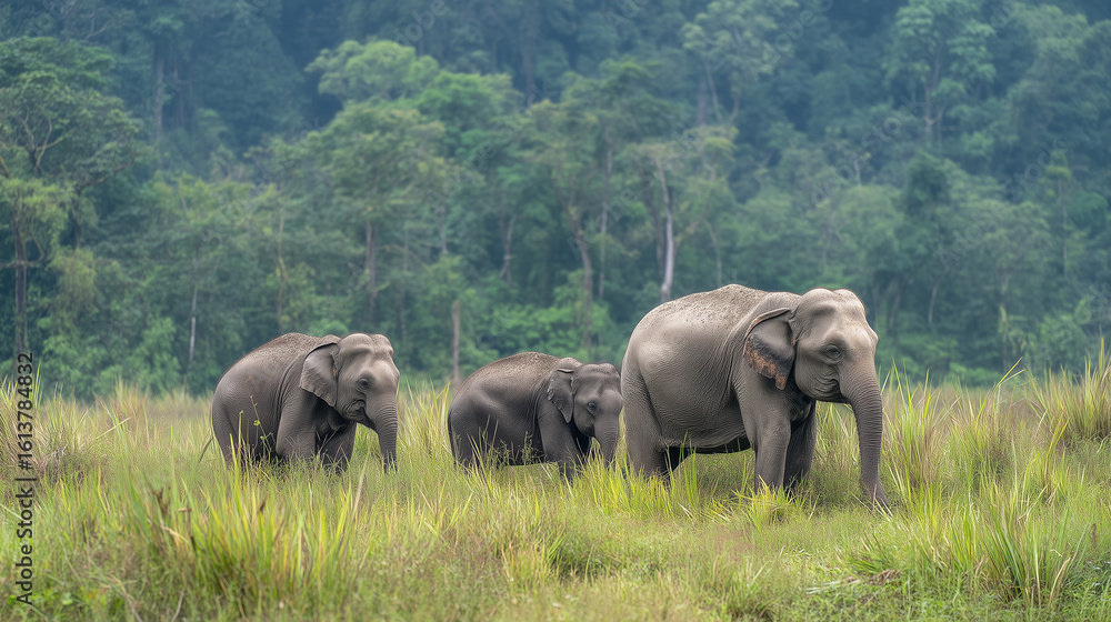 Fototapeta premium Wild Elephants in Lush Jungle – Family of Asian Elephants Roaming Grassland in Natural Habitat