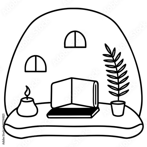 A cozy nook with a low bookshelf, rug, floor cushion, open book, candle, and a leafy plant nearby. Calm and minimal