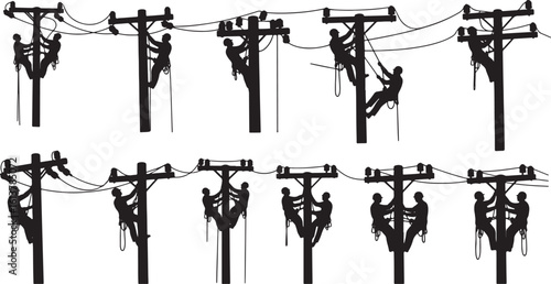 Silhouette linemen working on utility poles with wires, lineman, power line worker, electrician, utility pole, electricity, power lines, workers, climbing, silhouette, black and white, high voltage, m