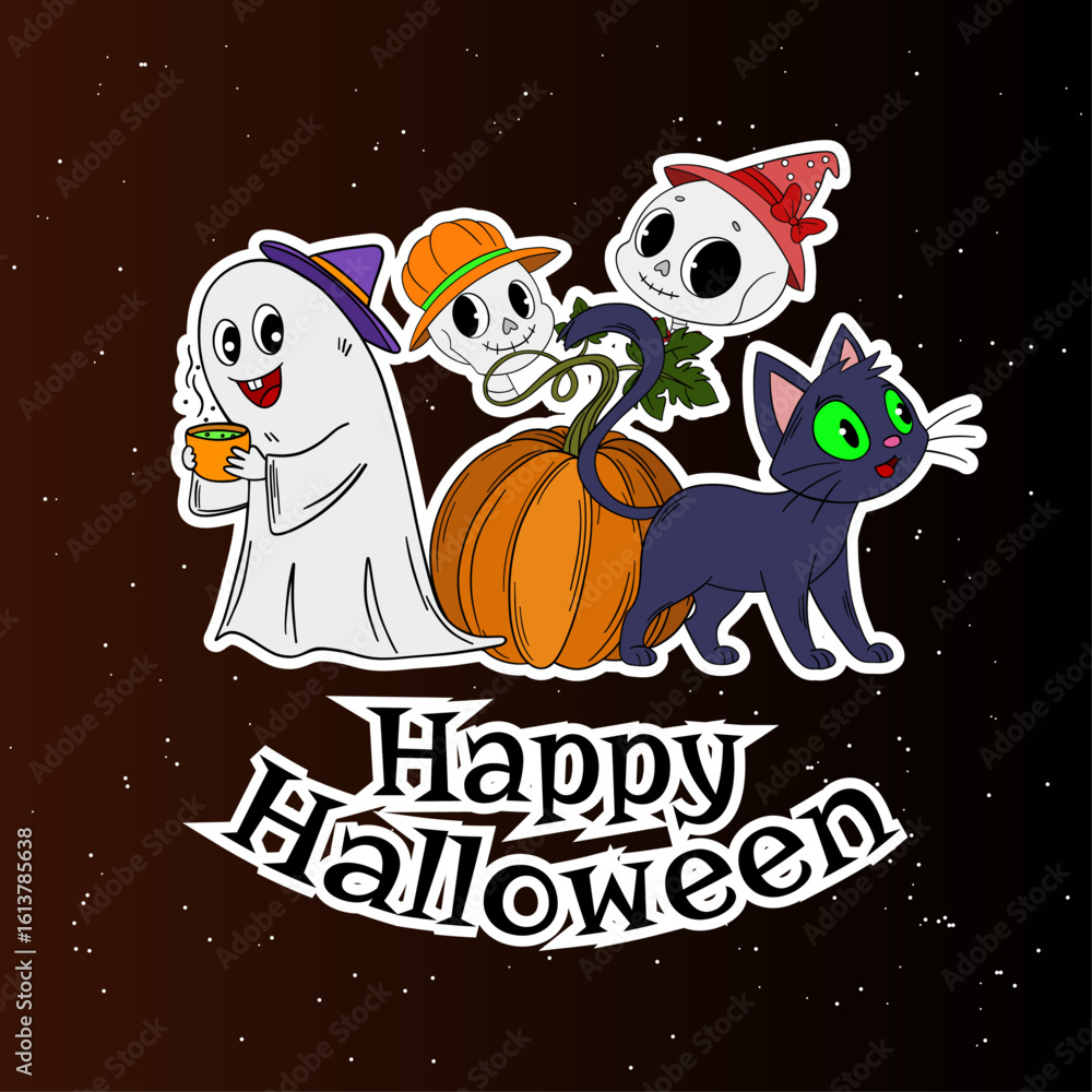 Naklejka premium Happy Halloween characters big one scene sticker with funny and cute elements. Trick or treat sticker cartoon 