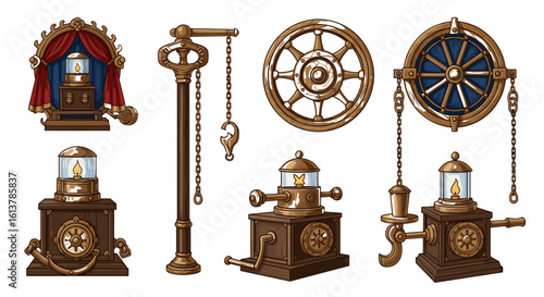 Steampunk fantasy machine elements, detailed design, golden ornate details