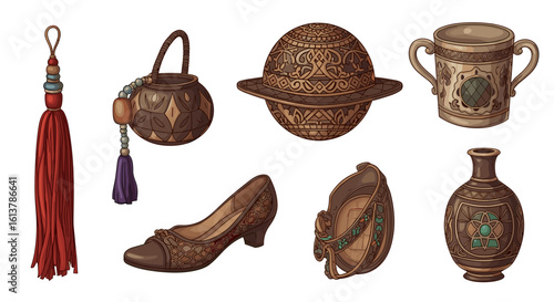 Collection of vintage and decorative items, hand-drawn with exquisite detail