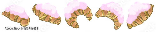 Cute Croissant with Pink Whipped Cream Topping in Hand-Drawn Pastel Style Illustration