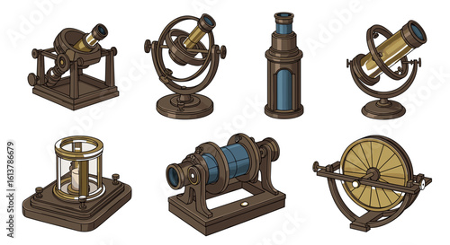 Antique scientific instrument collection in bronze and blue design style