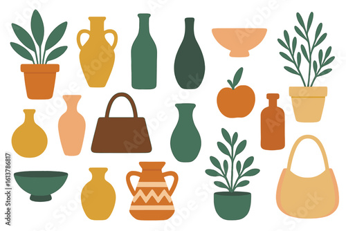 Colorful Textiles, Ornate Ceramics, Aromatic Spices, And Exotic Treasures In A Vibrant, Bustling Arab Market Items Set