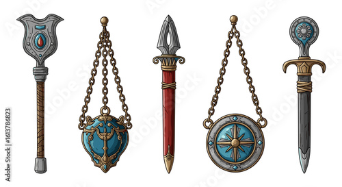 Five ornate fantasy artifact pendants with diverse designs and colors.