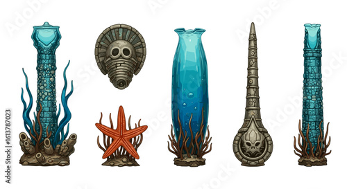 Fantastical underwater ancient relics and artifacts collection with stylized design