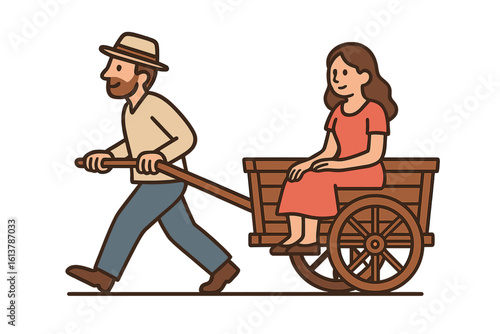 Vector illustration of a man pulling a rickshaw with a woman sitting, while another guy rides a wheeled cart with a female client outdoors