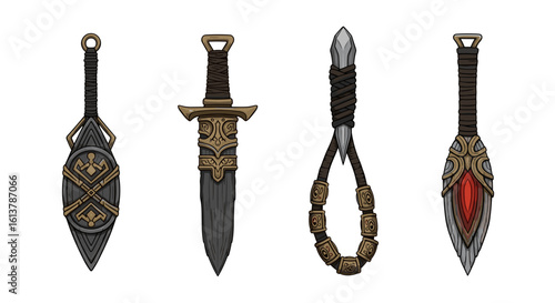 Ornate daggers and knives collection: fantasy weaponry illustration on white