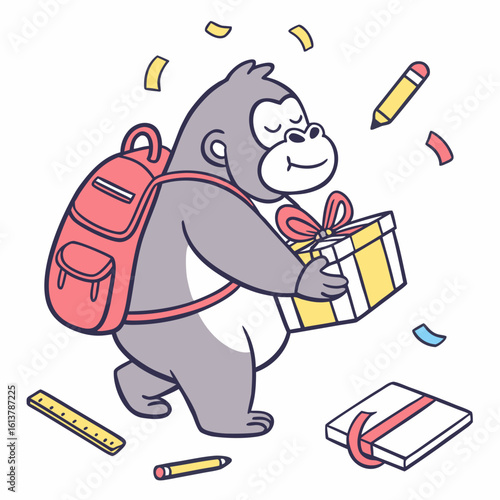 Cute Shy Gorilla, accessorized with carrying a gift box, in a Back to school world – Chalkboard Fun palette vector