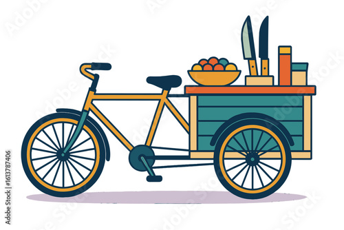 colorful cargo bike with food and tools clip art preview