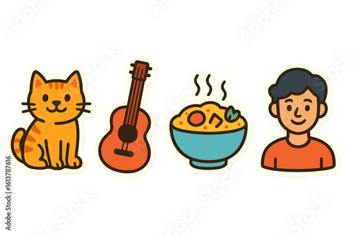 Peruvian culture symbols, including Siku, ceviche, jaguar, and chullo hat, represented through RGB color stickers, pins, and badges set of vector isolated illustrations showcasing Andean customs