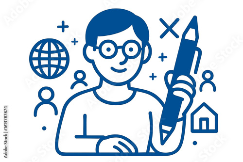 Vector illustration of cultural shock and adjusting to customs, represented by a blue concept icon and abstract idea thin line drawing, highlighting expats struggles with understanding local culture