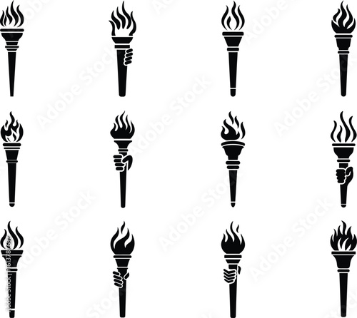 Collection of stylized torch icons with flames