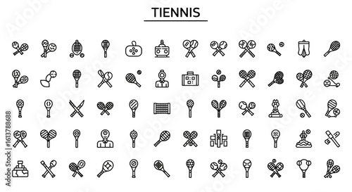 Solid Black Tennis Icons: Racket, Ball, and Court Sports Symbols