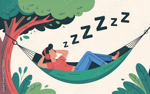 Person sleeping in hammock under tree with headphones