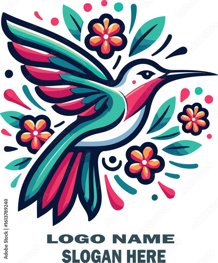 Fototapeta premium Humming bird with flowers logo vector white background .