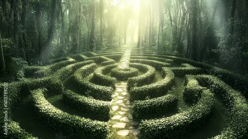 Green labyrinth path through a forest is illuminated by sunlight filtering through trees