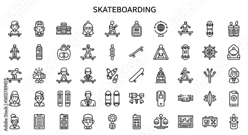 Solid Black Skateboarding Icons: Skateboard, Rider, and Urban Sports Symbols