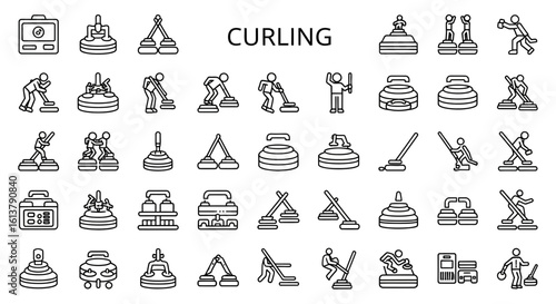 Solid Black Curling Icons: Stone, Broom, and Ice Sports Symbols