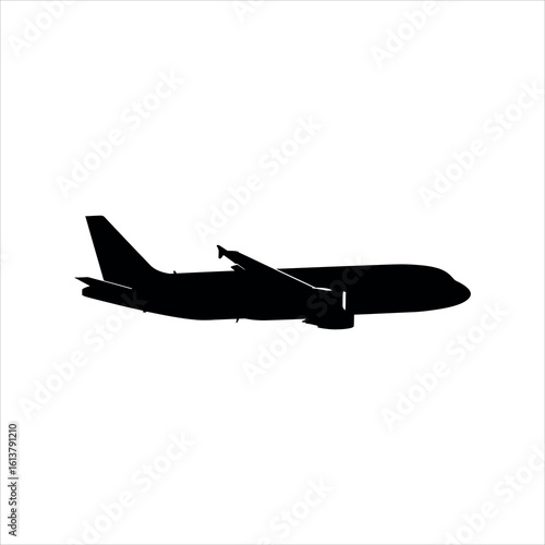 Black silhouette of a passenger jet airplane in profile view on white aircraft