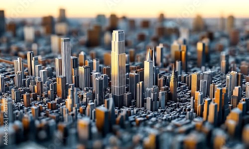 Miniature, elevated view of a dense city with varied building heights, silvers and golds
