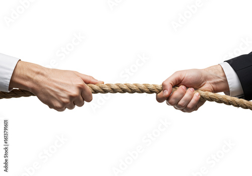 Businessmen in fierce tug of war challenge needing resilience and strength, determination and teamwork to win, compete and dominate market