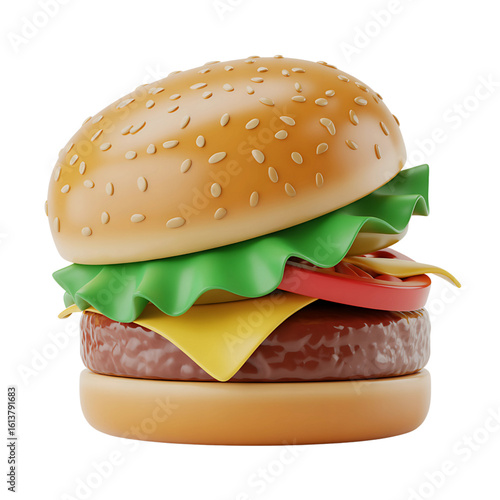 Juicy, delicious hamburger with sesame seed bun, fresh lettuce, tomato, melted cheese, and beef patty, perfect for fast food advertising