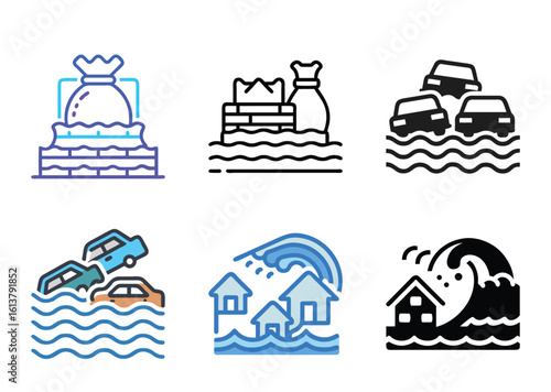 Icons showing flood safety and the effects of flooding, Bundle  including houses and cars